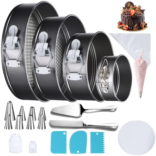 Gymdin 139 Teilig Springform Set - Antihaftbeschichtete 4 Kuchenform (11/18/23/26cm) + Zubehör zum Dekorieren von Kuchen: Backpapier Spritzbeutel und Spritztüllen Teigschaber Kuchenschneideset