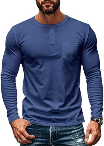 Mens Casual Henley Shirts Long Sleeve Button Up Classic Lightweight T-Shirts Fashion Business Tops with Pocket