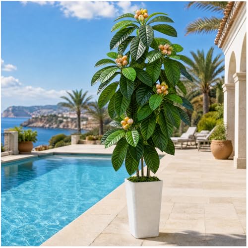 Artificial Fruit Tree 5FT, Fake Loquat Tree Indoor with White Tall Planter, Realistic Faux Japanese Medlar Tree with Lifelike Fruit for Living Room Office Entryway Decor