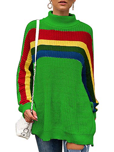 pedkit Moda Feminina De Malha Camisola Listras Coloridas De Gola Alta Manga Comprida Solta Jumper Qu