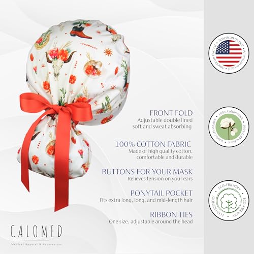 Image of Scrub Cap for Women and Men, Ponytail Scrub Caps, Working Hat, Head Cover with Ribbon Ties and Buttons, Long Hair