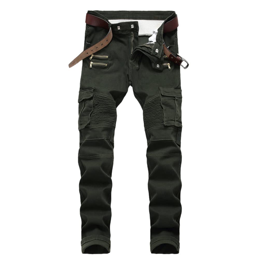HWYBHT Jeans Skinny Uomo Biker Runway Jeans Ginocchio Cerniera Distressed Moto Cargo Denim Pantaloni