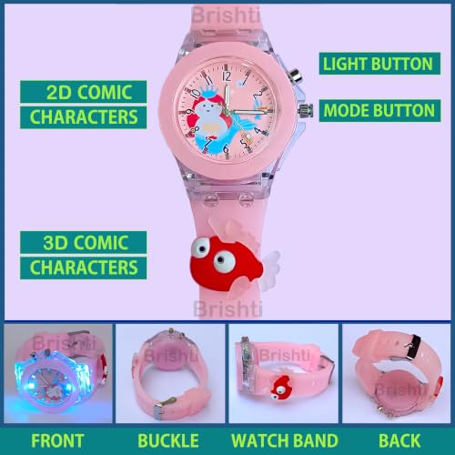 Image of Brishti 3D Cartoon Character Multicolored Glowing Digital Light and Girl's Analogue Wrist Watch | Unique 3D Cute Cartoon Character on Strap | Soft Silicone Strap | Suitable for Age 3-12 Year Kids