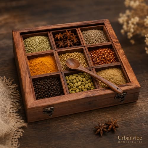 Image of Wooden Masala Box Spice Box with Glass Lid & Spoon, Sheesham Wood Masala Dabba Organizer, 9 Removable Compartments, Indian Spice Container, Kitchen Organizer, 120ml Each, Brown