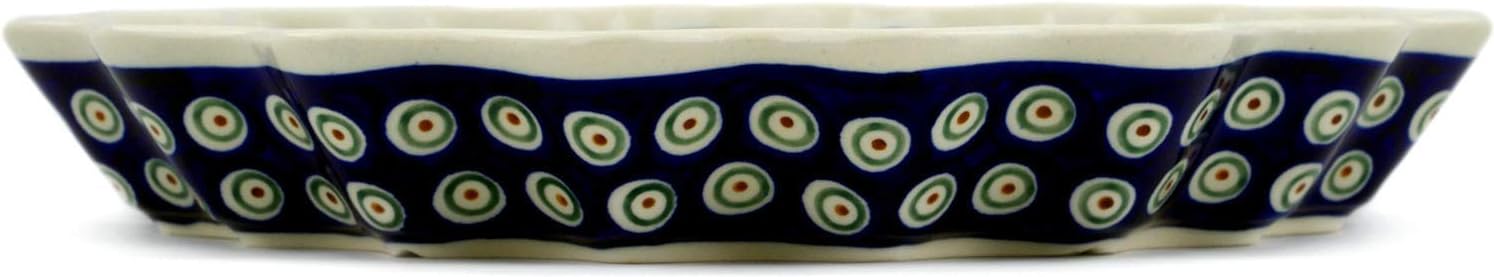 Polmedia Polish Pottery Fluted Pie Dish - Peacock Leaves Pattern Handmade in Boleslawiec Poland + Certificate of Authenticity