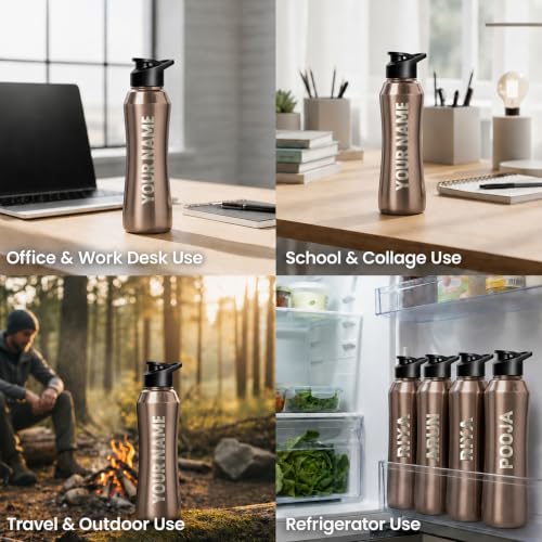Image of Speedex Customised Engraved Name Stainless Steel Water Bottle 1 Ltr - Personalised Sipper Cap Bottle for Kids, Men & Women, School, Gym, Travel, BIS Approved, Copper Gold, Set of 1