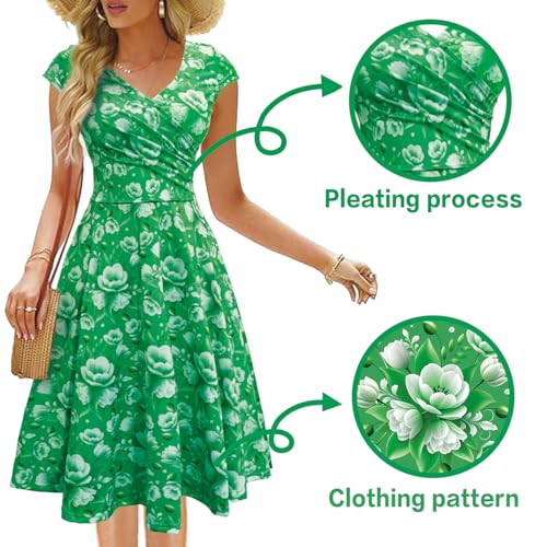Vestidos Casuales Mujer, Vestido Estampado Floral Manga Corta de Verano, Cuello en V Vestido Elegante Bohemio de Playa, Clásico Retro Primavera Verano Diaria Fiesta Formal (Verde)-XL - imagen 4