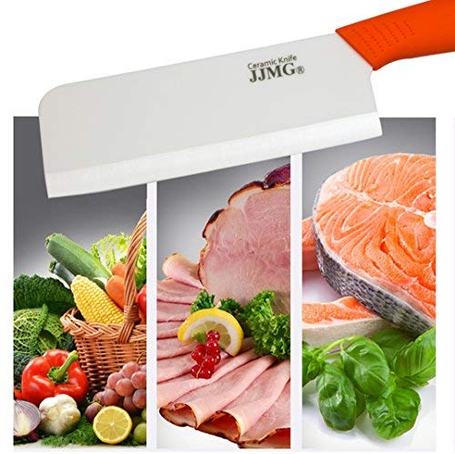 Jjmg Ceramic Meat Cleaver Knife Sharp Durable Twice Thicker Than Leading Brands Non-Slip Grip Handle Zirconium Blade Cut Slice Dice Steak Pork Chicken Cheese Rust Wear Resistance (Orange) #TOP1