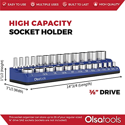 Image of Olsa Tools Magnetic Socket Organizer - 3 /8-Inch Drive SAE Socket Holder with Strong Magnets - Professional Tool Holder and Organizer - Stores up to 26 Sockets - Blue - Part: 1297