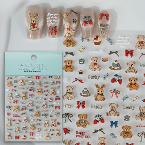 CESTSIREN Cute Bear Bunny Nail Art Stickers, Embossed Rhinestone Nail