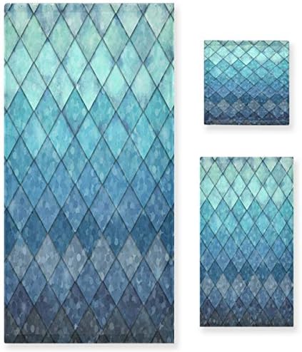 ALAZA Mermaid Bath Towel Set Ocean Blue Teal Fish Scales Geometric Rhombus Luxury Decorative Set of 3, 1 Bath Towel 1 Hand Towel 1 Washcloth Soft Multipurpose for for Bathroom Hotel Gym Yoga Spa