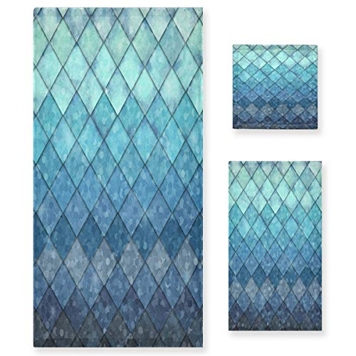 Alaza Mermaid Bath Towel Set Ocean Blue Teal Fish Scales Geometric Rhombus Luxury Decorative Set Of 3, 1 Bath Towel 1 Hand Towel 1 Washcloth Soft Multipurpose For For Bathroom Hotel Gym Yoga Spa #TOP11