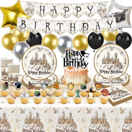 Geburtstag Deko Ballon Partygeschirr Wizard Kinder-112Pcs Ballons Pappteller Tischdecke Banner Geburtstags Birthday Cake Topper Tableware Supplies Servietten Tassen Für Kindergeburtstag Junge Mädchen