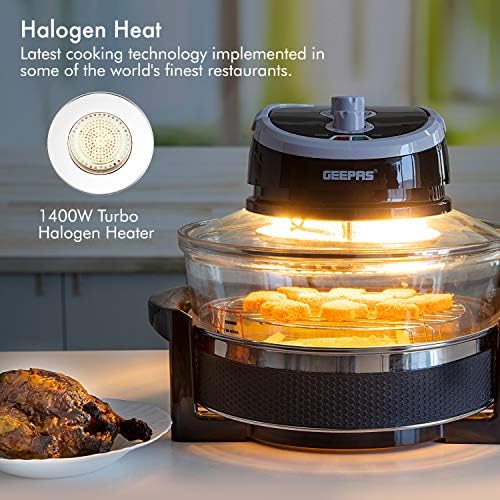 Geepas 1400W Turbo Halogen Oven, 17L | 60min Timer, Adjustable Temperature Control & Self Clean Function| Low Fat Air Fryer, Removable Glass Bowl & Extender Ring to Bake Grill Steam Broil Roast BBQ