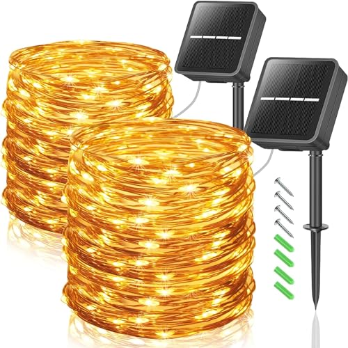 GutPop Lot de 2 guirlandes lumineuses solaires d'extérieur : 12 m 100 LED - Éclairage solaire de Noël extérieur avec 8 modes pour balcon, décoration de jardin, arbres, terrasse, mariage, blanc chaud