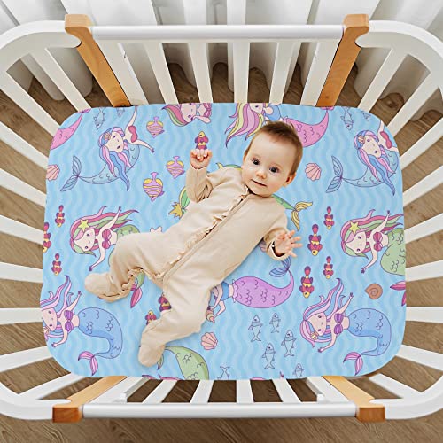 Image of Fitted Crib Sheets Blue Mermaid and Fish Stretchy Portable Playard Sheets for Baby Toddler, Breathable Soft Mini Crib Mattress 52 x 28 in for Boys and Girls