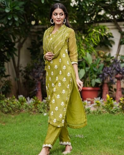 Image of GoSriKi Women's Cotton Blend Embroidered Straight Kurta with Pant & Dupatta (CHAKDOL-MAHENDI-GS