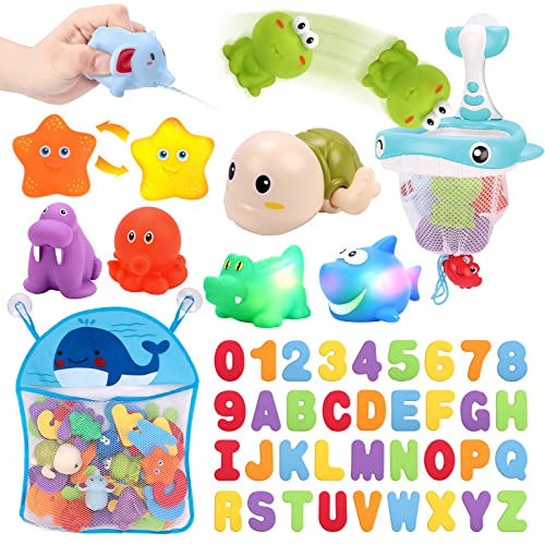 Image of KaeKid Baby Bath Toys, 36 Foam Bath Letters & Numbers, Light up Bathtub Toys, Water Spray & Squeeze Bath Set with Fishing Net & Organizer Bag, Bath Water Toys for Kids Toddlers Gifts 18 Months