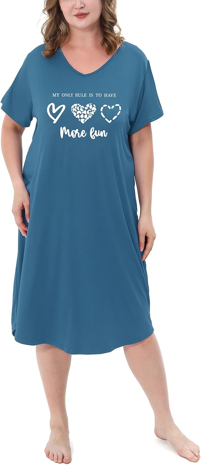Plus Size Nightgowns for Women V Neck Short Sleeve Nightshirts Sleepwear