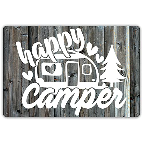 QIONGQI Funny Happy Camper Metal Tin Sign Wall Decor Farmhouse Rustic Camping Signs with Sayings for Home Garage Men Cave Yard Decor Gifts (Wooden Style)