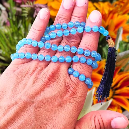 Image of Apnisanskriti Premium Blue Chalcedony Stone Mala for Men and Women (6mm, AAA Quality, Lab Certified, 108+1) - Natural Stone Beads Mala - Light Blue Colour - Pack of 1