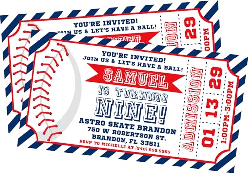 Baseball Birthday Invitations, Baseball Party Invites with Envelopes (Baseball)