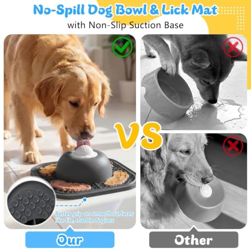 Image of Slow Feeder Dog Bowls & Lick Mat for Liquid and Thick Treat, Anti-Slip Dog Lick Bowl with Interactive Rolling Ball, 5 /6 Cup Pup Licking Toy for Large Medium Small Dogs and Cats Gray