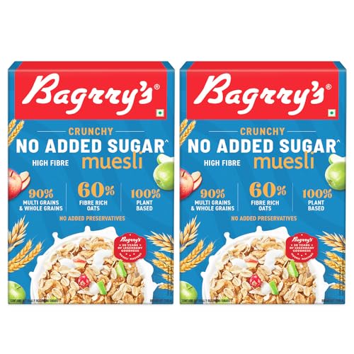 Image of Bagrry's Crunchy Muesli No Added Sugar 0%| 90% Multi Grains | 60% Fibre Rich Oats with Bran | Whole Grain Breakfast Cereal | Helps Manage Weight | Vegan and Plant Based Muesli 500g Box, Pack of 2