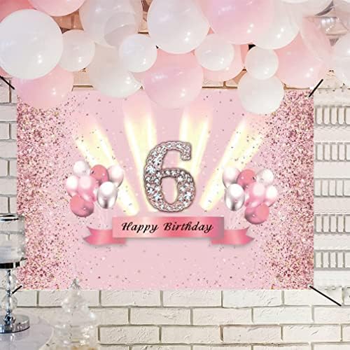 6th Birthday Banner 6 Birthday Decoration Rose Gold Party Decoration Girl, Fabric Sign Poster 6th Anniversary Party Birthday Banner Table Decoration Poster, Glitter Pink