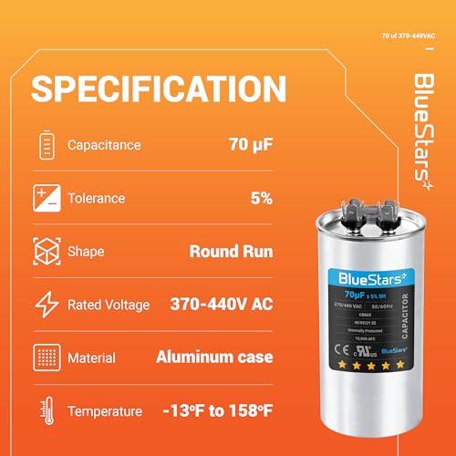 image for [UL Certified] 70 uF MFD 370-440VAC Volts ±5% Round Run Capacitor 50/