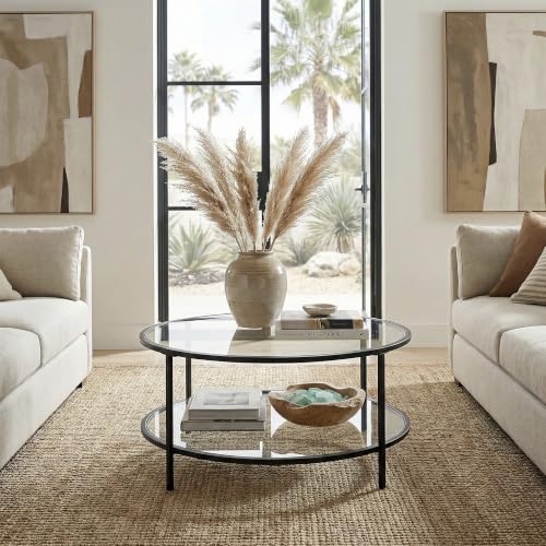 Henn&Hart 36" Modern Coffee Table, Black | Dual glass surfaces maximize display and storage in living rooms or offices while keeping a bright, modern look