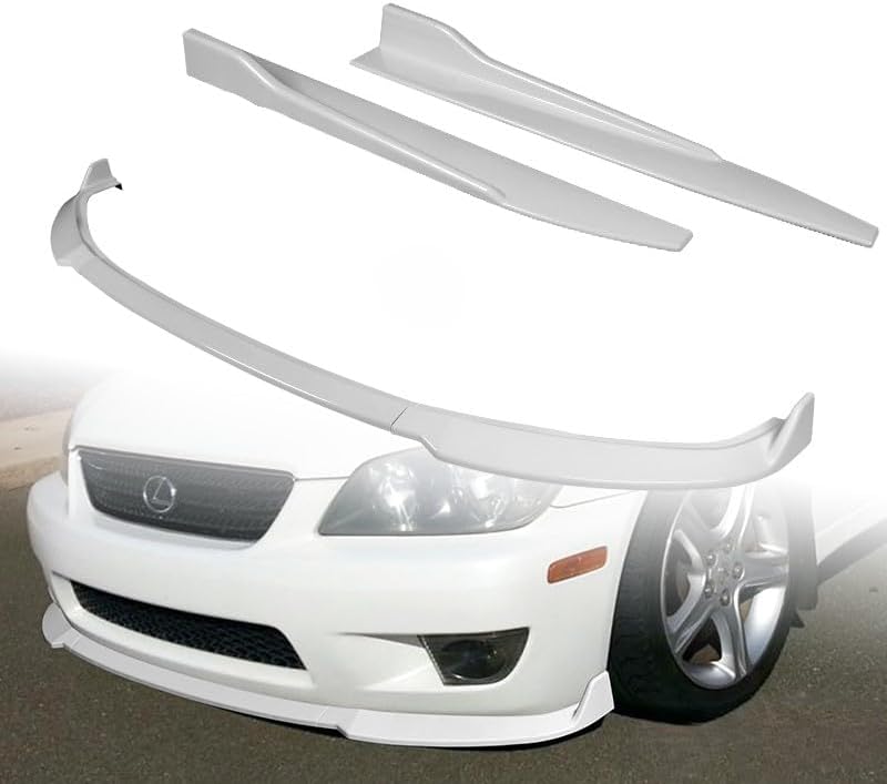Stay-Tuned, 5PCS ABS Material STP-Style Front Bumper Lip Spoiler Body Kit + Universal 31"(L) x 4"(W) Side Skirts, Compatible with 2001-2005 Lexus IS300, Exterior Accessory (Painted White)