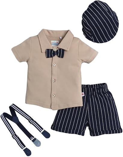 BUMZEE Boys Cotton Half Sleeves Shirt &amp; Short Set With Bow Suspender &amp; Cap