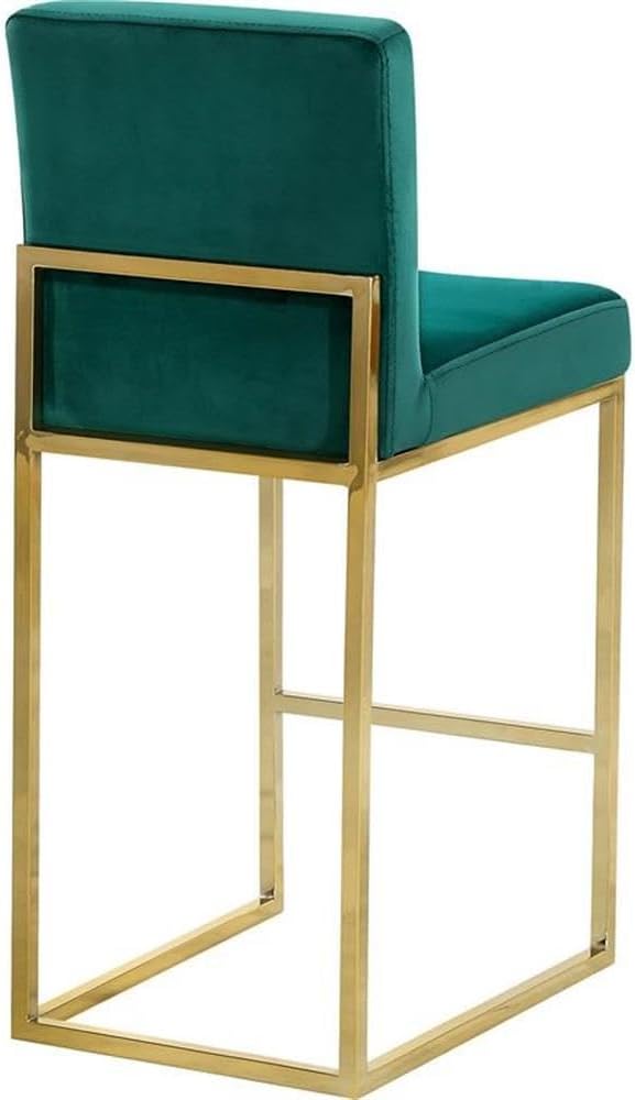 Pemberly Row Velvet Counter Stool, 26" Seat Height, Green Upholstery, Polished Gold Finish, Solid Wood Frame, Channel Tufted Design, Contemporary Style, Padded Seating for Home Bar or Kitchen Counter