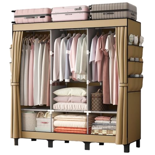 PSHUN RIGH Portable Closet, 51.18" Large Capacity Clothing Storage Organizer with 3 Hanging Rods 6 Shelves 18 Side Pockets, Dustproof Sturdy Wardrobe for Bedroom Dorm Rental Apartment(Colour, Large)