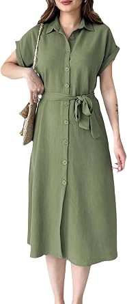 CutieLove Womens Short Sleeve Button Down Shirt Dress Casual Loose Belted Summer Midi Dress