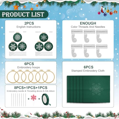 Image of CMINAUS 6 Sets Christmas Embroidery kit for Beginners Adults, Green Christmas Ornament Kit Snowflakes Needlepoint Cross Stitch Kits, Stitch Learning Kit with Needles Ropes Ribbon for Xmas Decorations