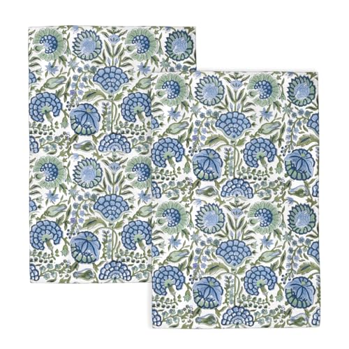 Vintage Blue Sage Green Floral Kitchen Towels Boho Floral Dish Towel 16×24 Inch Soft Absorbent Flowers Hand Cloths for Kitchen Drying Decore Set of 2