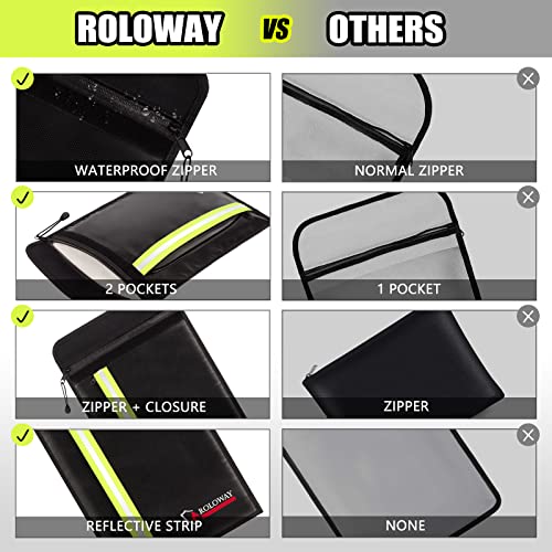 Roloway Fireproof Document Bag (15 X 11 Inch) With 2 Pockets & Waterproof Zipper, Fireproof Money Bag, Fire Safe Bag With Reflective Strip, Fireproof Envelope For Cash, Legal Documents Safe (Black) #TOP2