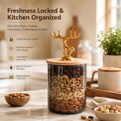 Image of bellemax 400ML Clear Glass Storage Jar With Air Tight Wooden Lids- Airtight Food Jars Glass Kitchen Containers For Pantry, Pickle Jar, Sugar Pasta Cereal Flour Sugar Storage Jar (BM-09, Set of 2)