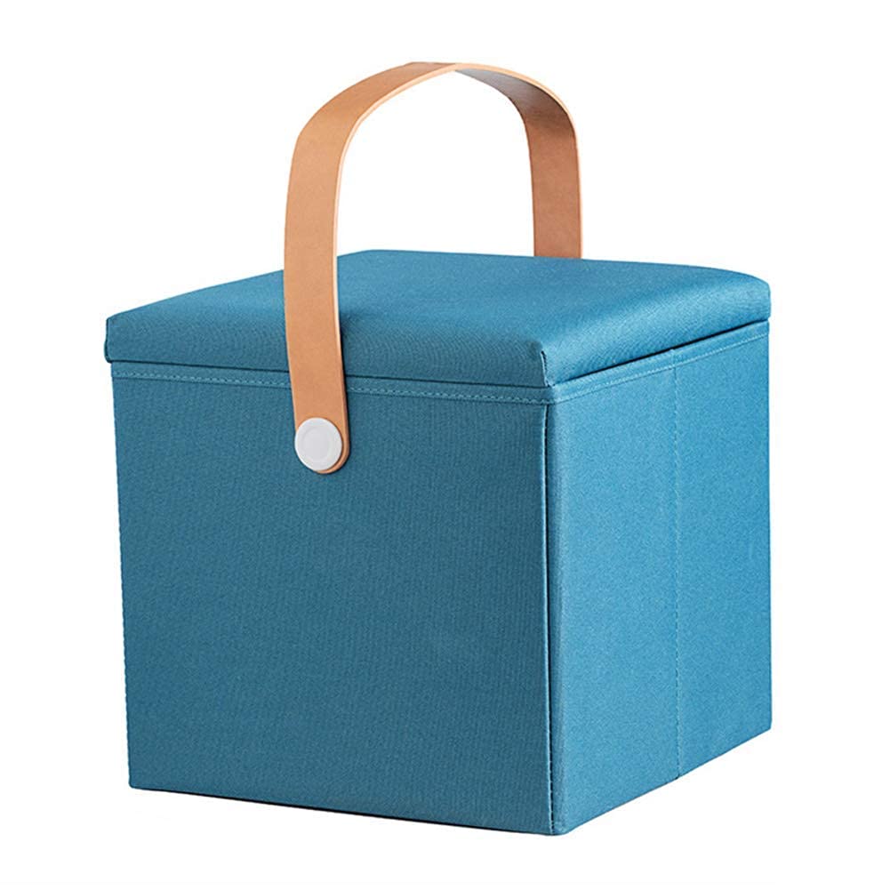 Pouf de rangement pliant bleu 30cm en tissu avec sangle cuir
