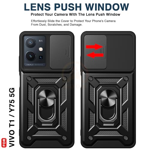 Image of Armor Bumper Back Cover Case for Vivo T1 5G / Y75 5G / iQOO Z6 5G | Rotating Camera Cover, Ring Holder & Kickstand | Heavy Duty & 360 Degree Protection Back Cover (Black)