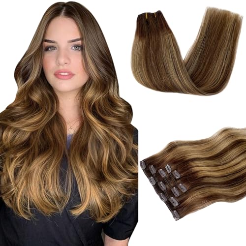 Image of Ombre Clip in Hair Extensions, 20 Inch Balayage Chocolate Brown Mixed Strawberry Blonde 70g 5pcs Real Hair Extensions Clip In Human Hair Remy
