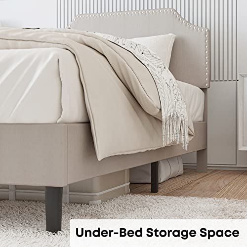 Likimio Twin Bed Frames, Upholstered Platform Bed Frame With Height Adjustable Headboard With Nailhead Trim, No Box Spring Needed/Wood Slat Support/Noise-Free, Beige #TOP6