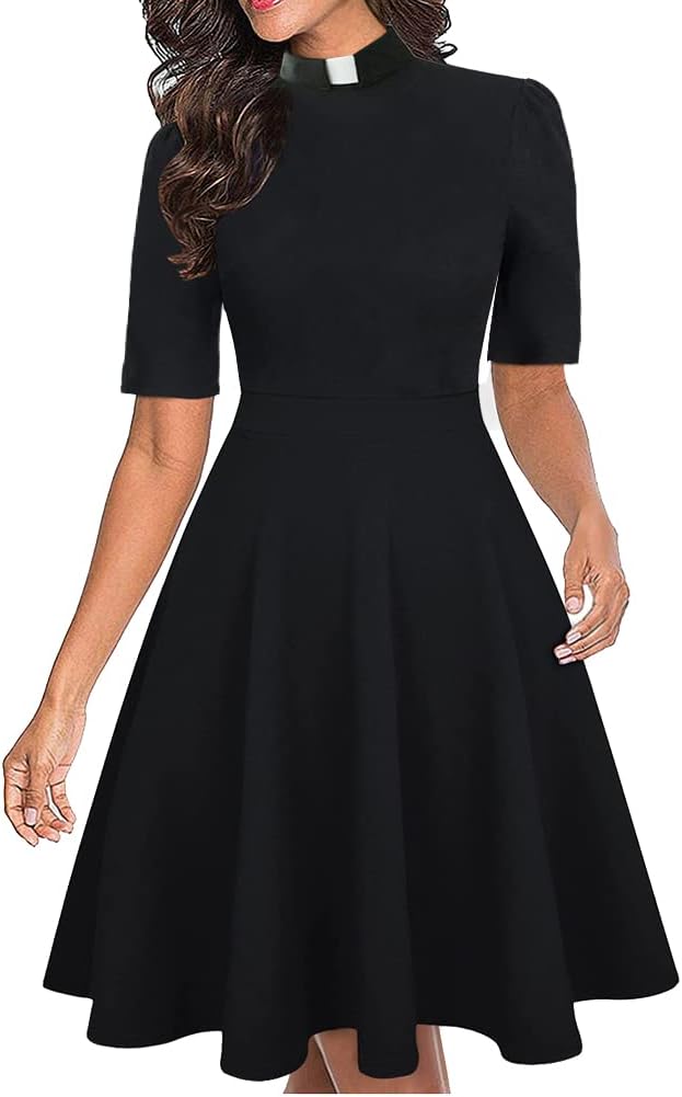 BPURB Church Women Priest Dress Short Sleeve A Line Dresses with Tab Insert Collar