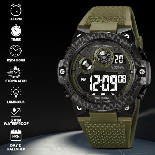 Image of V2A DIGITRON-VOLTRIX 2837 Digital Watch for Men | Bold Patterned Case Design | Dual Time Sports Watch with Countdown, Backlight & 50M Waterproof