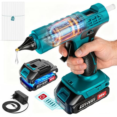 Cordless Hot Glue Gun with Digital Display Heating Fast Glue Gun Kit with 12 Pcs Mini Glue Gun Sticks 100W 21V Glue Gun with 2.0Ah Batteries & Charger for Art Crafts Decorations Home Repairs