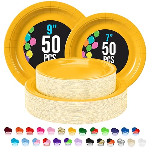 Exquisite Yellow Paper Plates Set - 100 Pcs Set 9" & 7" Party Plates