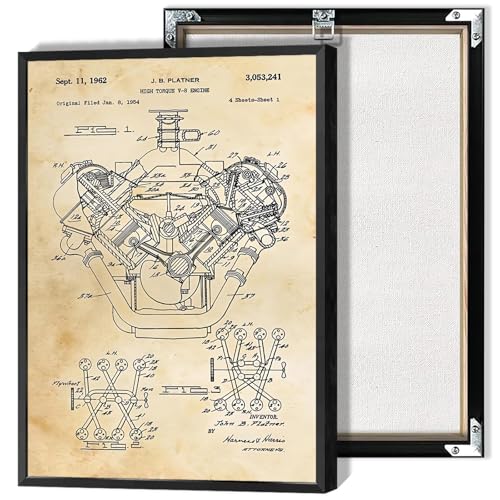 Vintage V8 Engine Patent Poster Muscle Car Engine Blueprint Canvas Wall Art High Torque Hemispherical Gearhead Prints Painting For Garage Bedroom Office Body Shop Wall Decor 12x16in Unframed