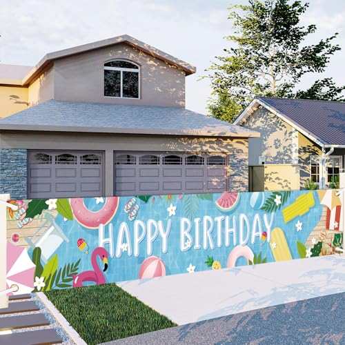 Happy Birthday Pool Party Banner - Pool Birthday Party Yard Decorations, Pool Party Decorations for Birthday, Pool Happy Birthday Banner for Outdoor Party Decor, 118 x 20 inch